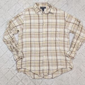 Brooks Brothers Shirt Mens M Beige Plaid Irish Linen Button Up Long Sleeve